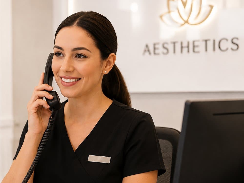 Receptionist taking a booking call at an aesthetic clinic front desk